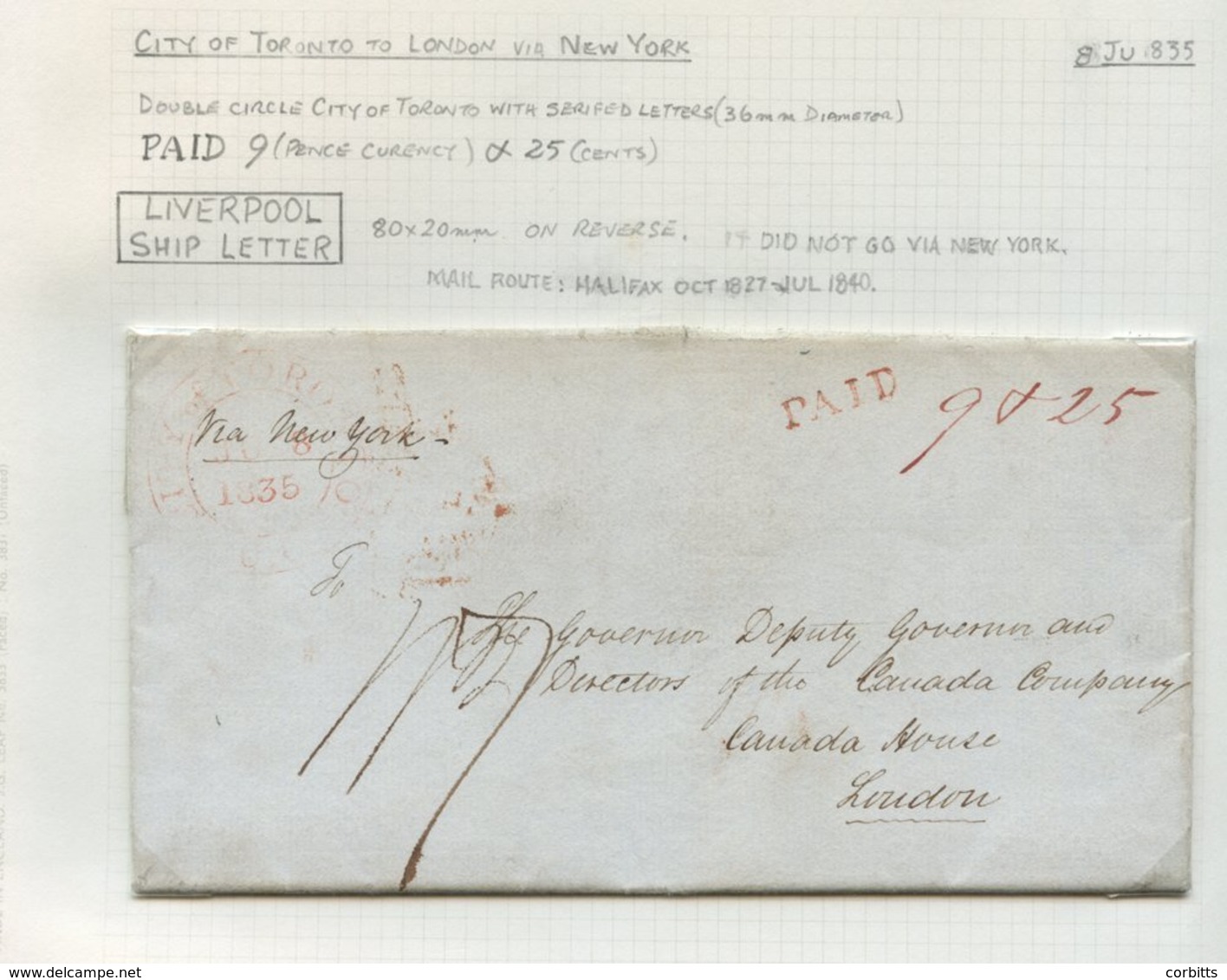 1835-58 Letters (5) Written Up On Pages, All From Toronto. 1835 To London With PAID H/stamp & M/s '9' & '25' In Red, 185 - Autres & Non Classés