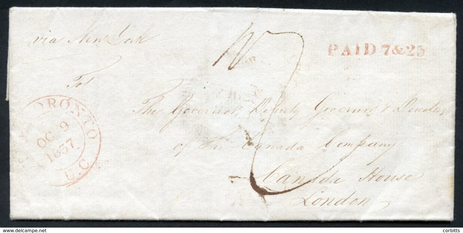 1837 Folded Letter To London, With Large Double Ring 'CITY Of TORONTO OC.9.1837' Cancel And With A Fine Strike Of The Sc - Sonstige & Ohne Zuordnung