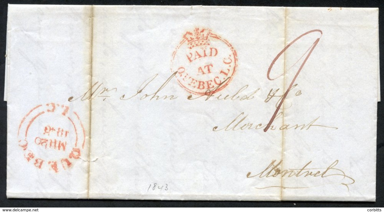 1843 Folded Letter To Montreal With A Crown Circle 'PAID AT QUEBEC L.C' H/stamp In Red & Quebec MR.20.1843 D/stamp. A Ma - Autres & Non Classés