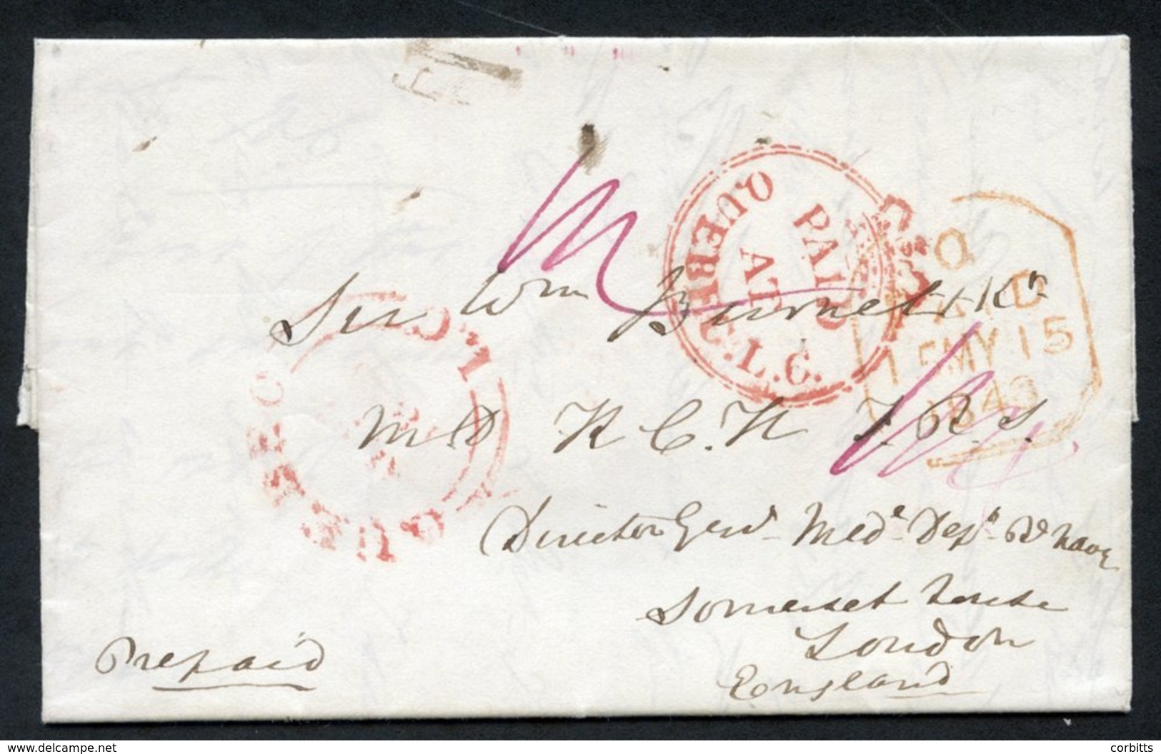 1846 Folded Letter To London With A Fine Strike Of The Crown Circle 'PAID AT QUEBEC L.C' H/stamp In Red. A Double Arc Qu - Autres & Non Classés