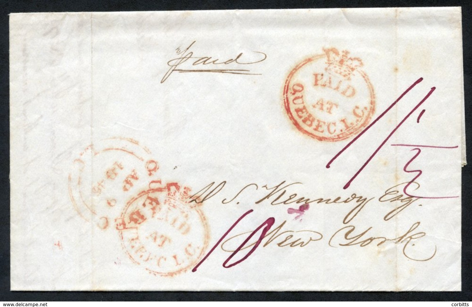 1846 Folded Letter To New York With Two Good Strikes Of The Crown Circle 'PAID AT QUEBEC L.C' H/stamp In Red. A Quebec A - Autres & Non Classés
