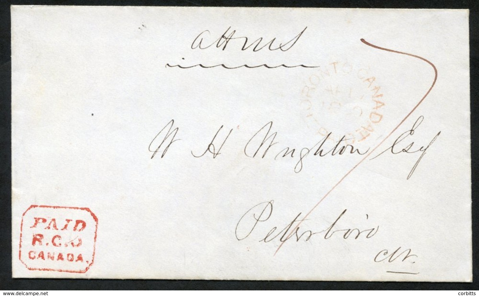 1850 Envelope To Peterborough With Manuscript O.H.M.S At The Top, Toronto AP.17 D/stamp & Very Fine Red Boxed 'PAID/R.G. - Autres & Non Classés
