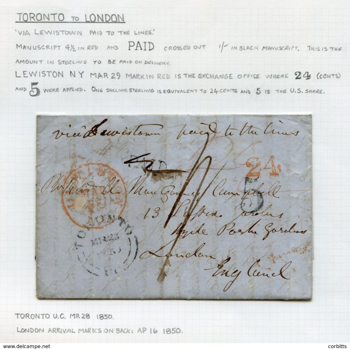 1850 Folded Letter To London From Toronto (MR 23) Endorsed 'Via Lewiston' With A Paid H/stamp(crossed Out), 4½ In Red In - Autres & Non Classés