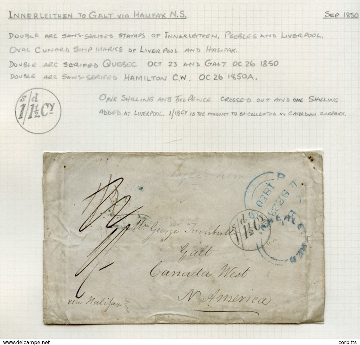 1850-57 Trans-Atlantic Mail - Three Entires & An Envelope 1850 Innerleithen To Galt With A Circular '1s/1½d Cy' H/stamp, - Autres & Non Classés