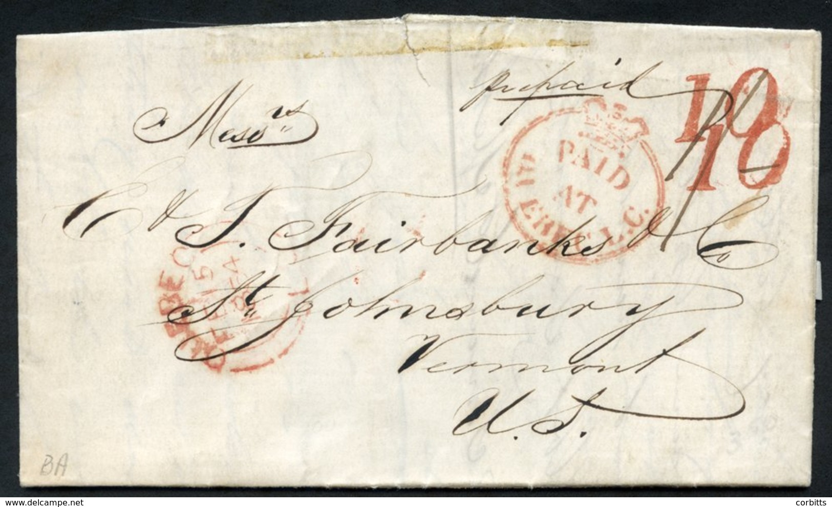 1854 Folded Letter To St. Johnsbury, Vermont, With A Crown Circle 'PAID AT QUEBEC L.C' H/stamp In Red & Quebec FE.15.185 - Autres & Non Classés