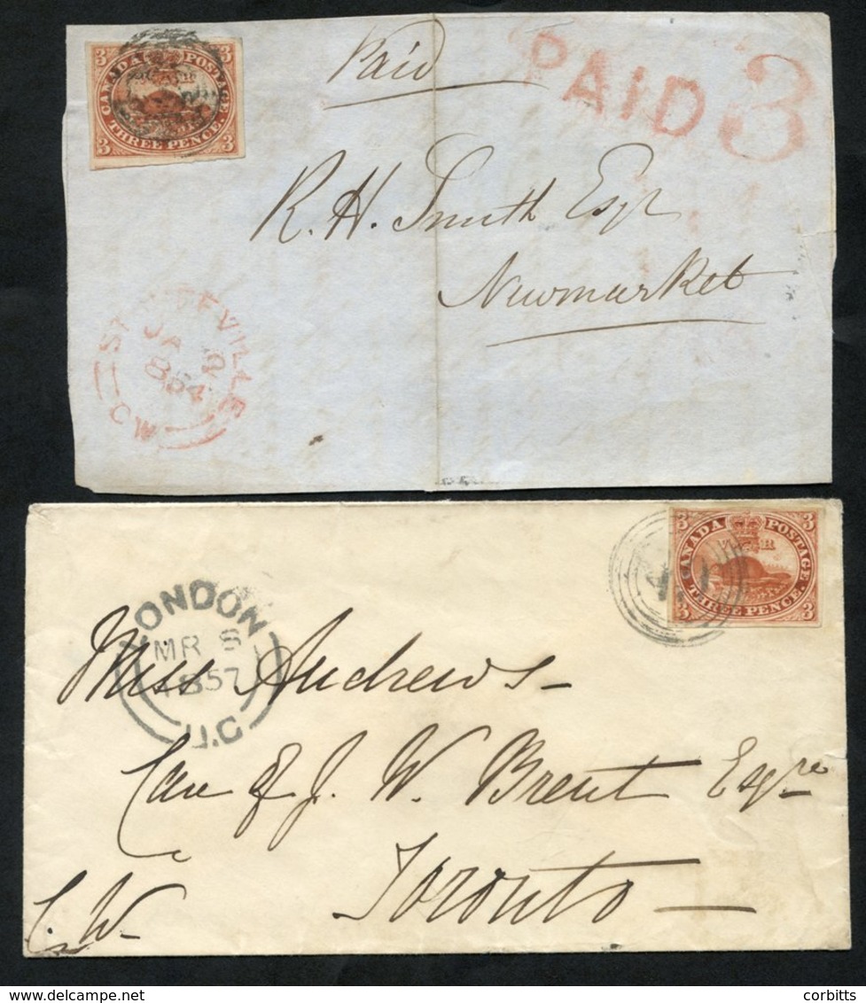 1854 Front Only From Stouffville (JA 2) To Newmarket With Large Margined 3d & 'PAID 3' H/stamp. Also 1857 Cover, London  - Sonstige & Ohne Zuordnung