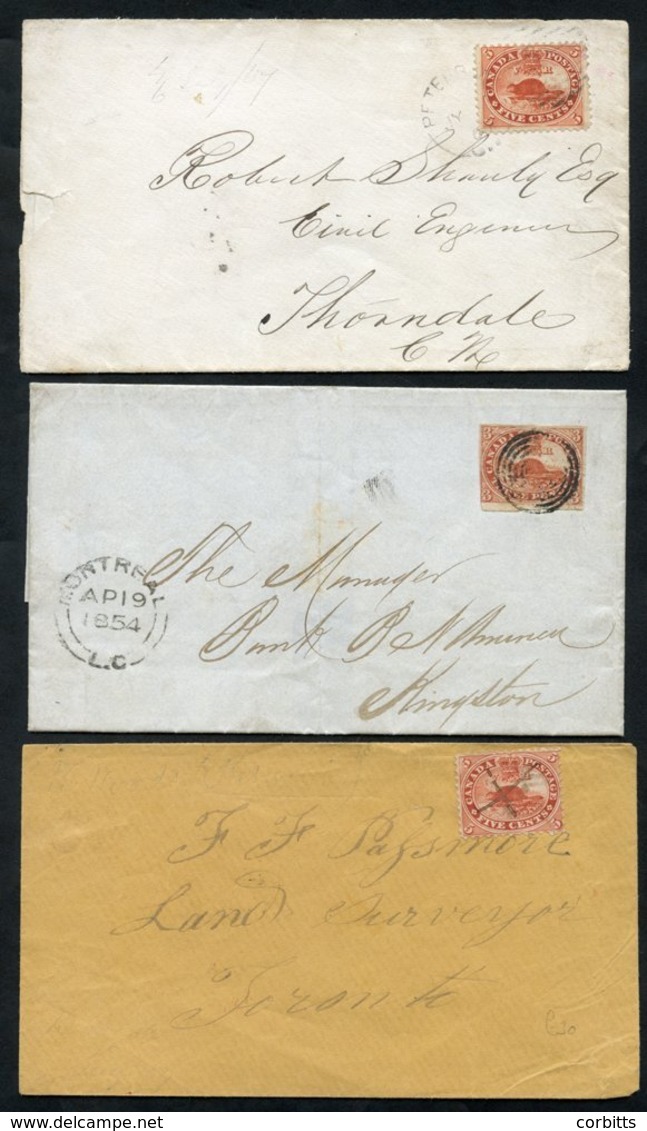 1854 Imperf 3d Beaver On Outer Wrapper From Montreal, Stamp Just Touched Lower Left Corner. Also Two Envelopes With The  - Autres & Non Classés