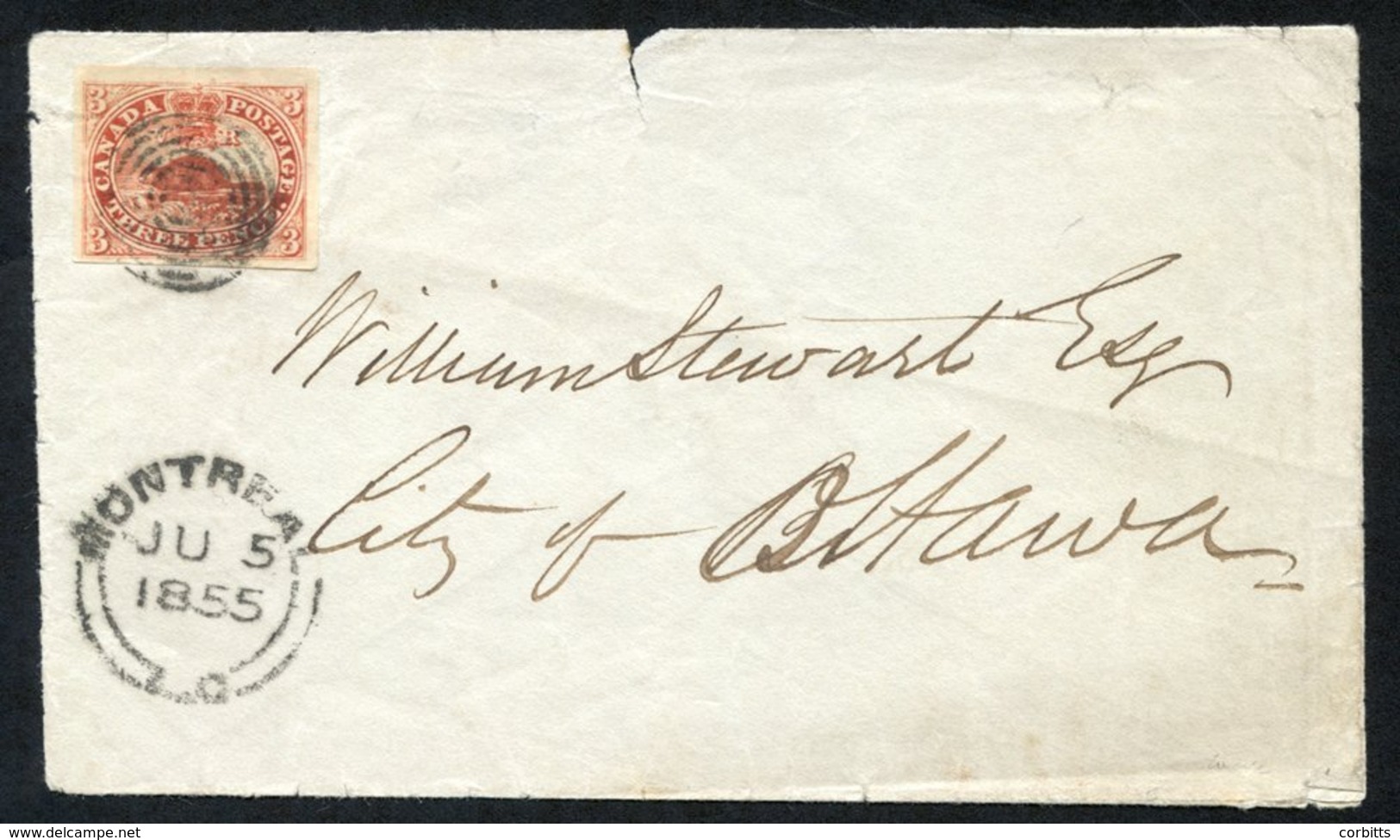 1855 Envelope, Montreal (JU 5) To Ottawa With A 3d On Thin Wove Paper (large Even Margins), Tied By A Concentric Rings C - Sonstige & Ohne Zuordnung