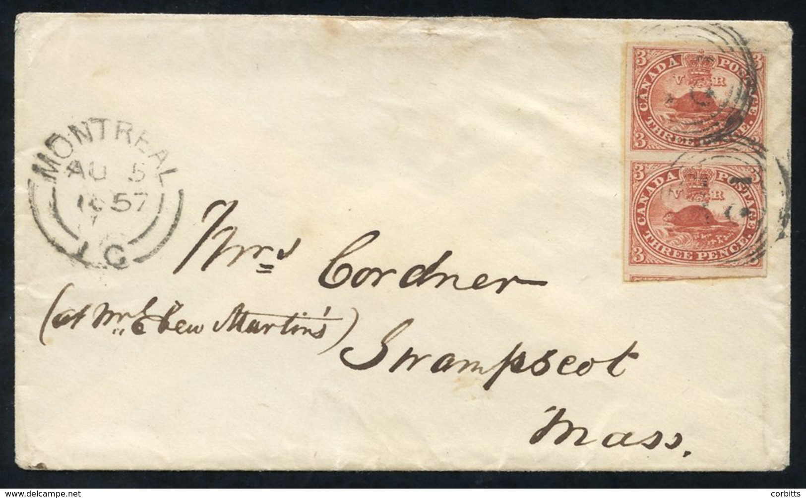 1857 Aug 5th Envelope From Montreal To USA, Franked 3d Red 'Beaver' (SG.18) Vertical Pair With Good To Large Margins & S - Sonstige & Ohne Zuordnung