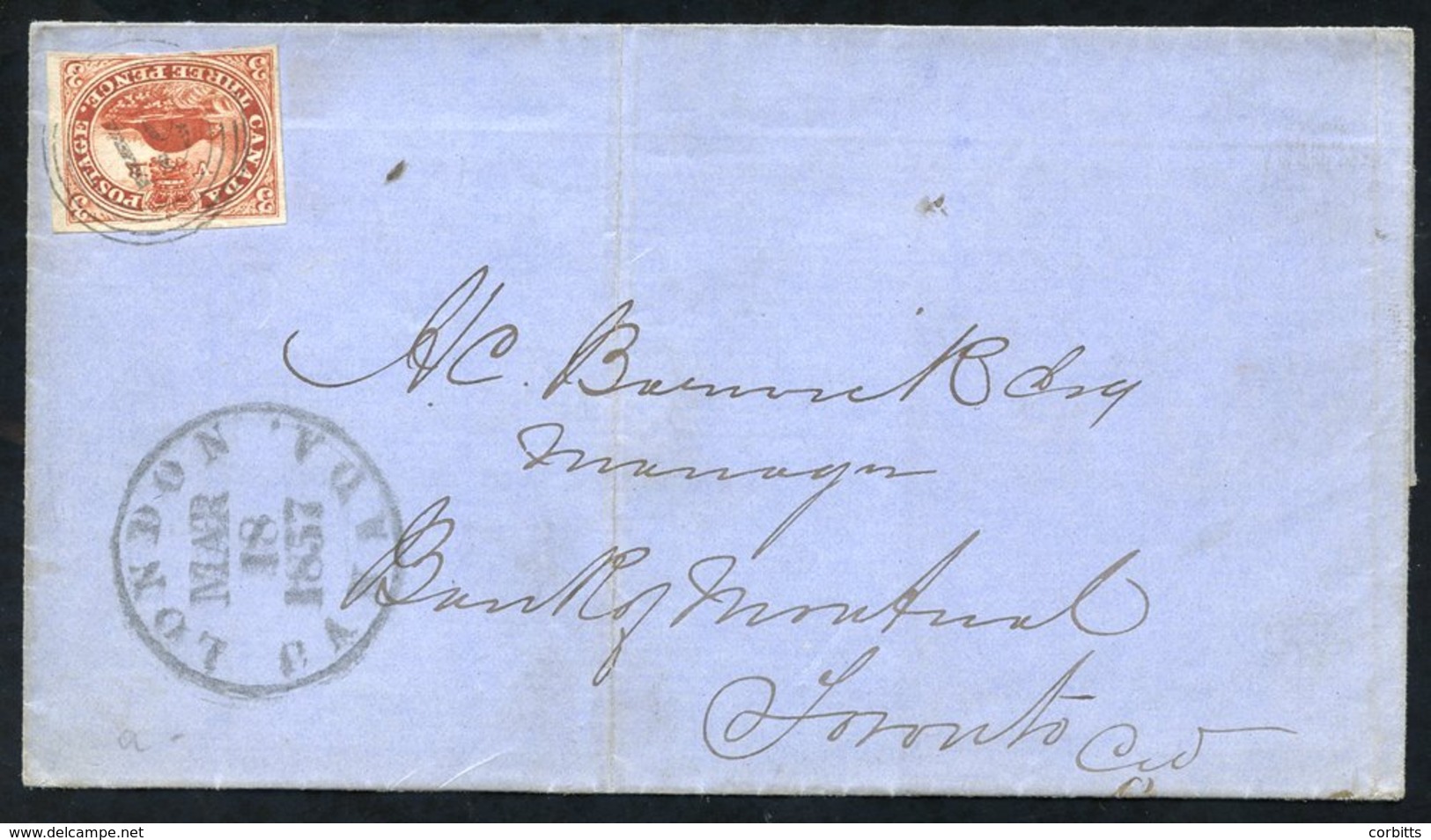 1857 March 18th Entire From London (Canada) To Toronto, Franked 3d Red 'Beaver' (SG.18) Four Margined Example, Tied By 4 - Sonstige & Ohne Zuordnung