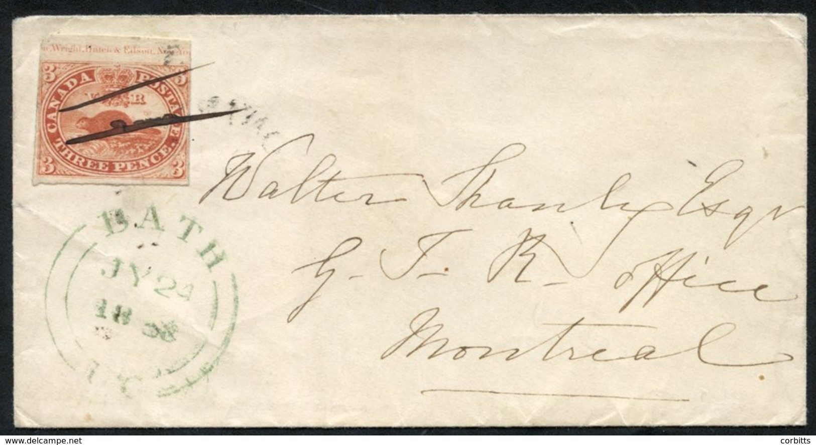 1858 Cover, Bath (JY 24) To Montreal With A Top Marginal 3d Part Imprint (..on, Wright, Hatch & Edson, New York..), Tied - Sonstige & Ohne Zuordnung