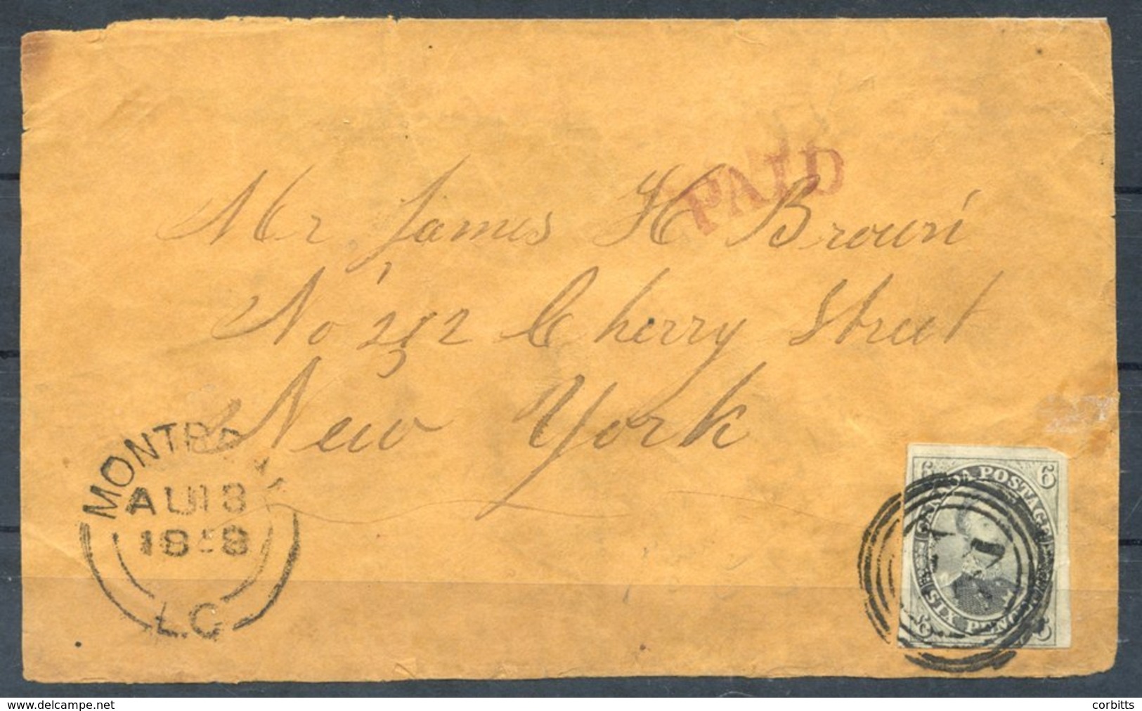 1858 Cover, Montreal (AU 18) To New York With A 6d Grey-lilac On Hard Thick Wove Paper, Very Large Margins Three Sides,  - Sonstige & Ohne Zuordnung