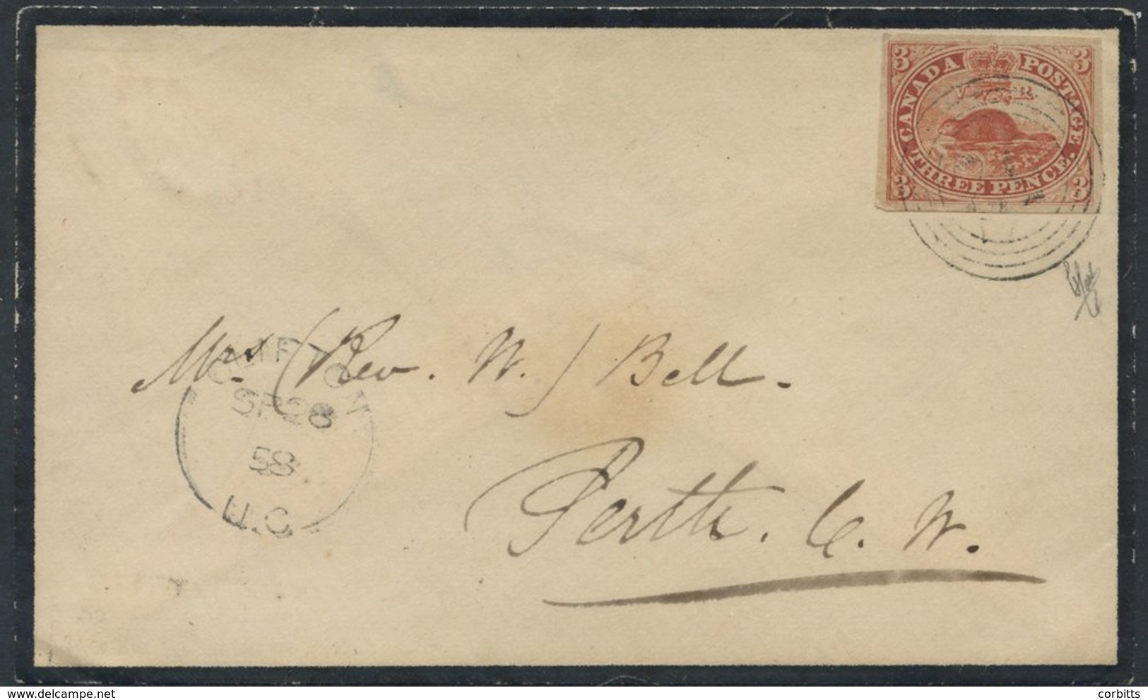 1858 Mourning Envelope From Clifton To Perth C.W, Franked By A 3d Red Beaver On Thin Soft Horizontally Ribbed Paper (SG. - Sonstige & Ohne Zuordnung