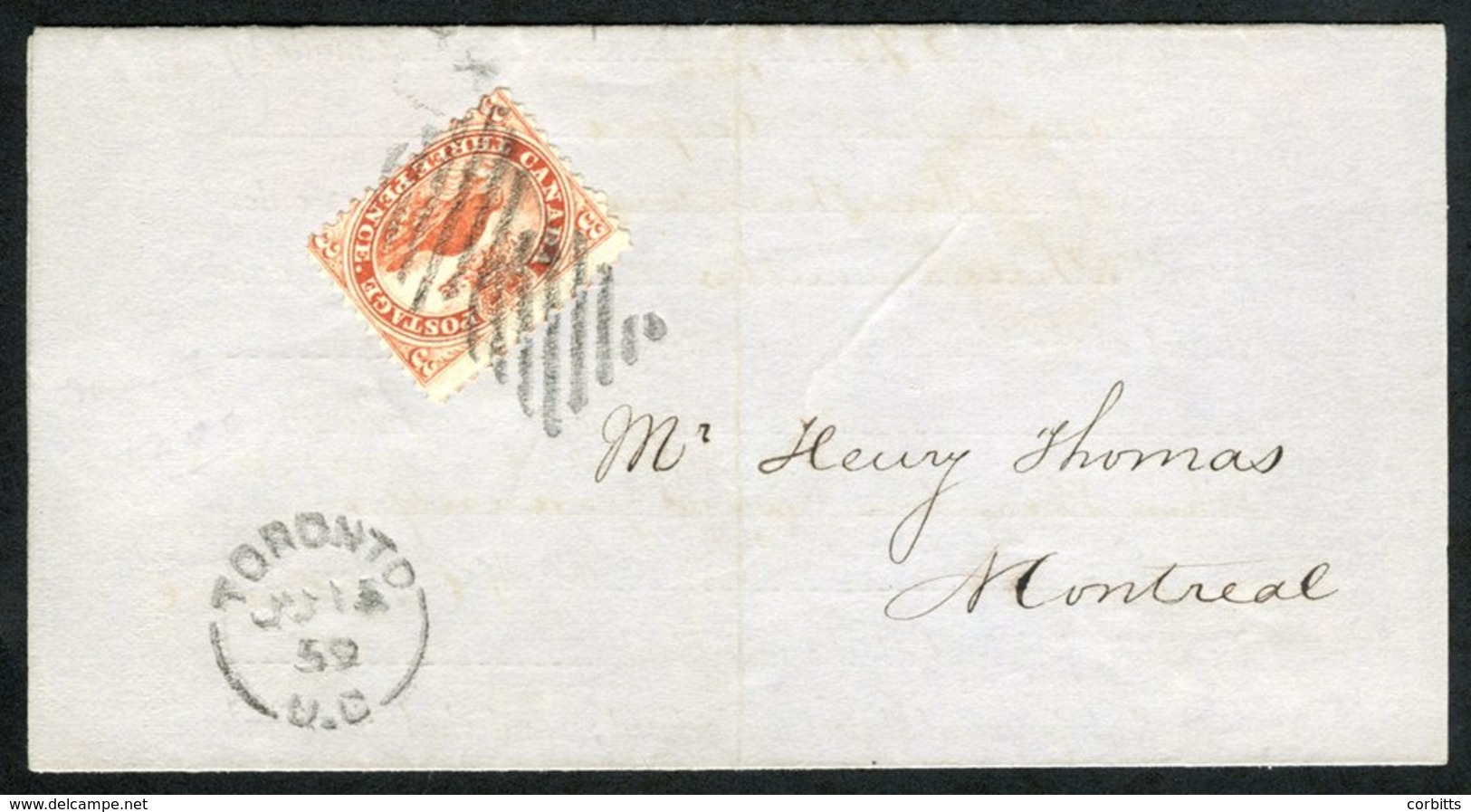 1859 3d (SG.26) On Folded Letter, Tied By A Barred Cancel With A TORONTO JU.15.59 D/stamp Beneath, Montreal B/stamp. Thi - Sonstige & Ohne Zuordnung