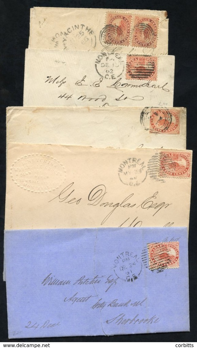 1860-66 Covers (5) Each With 5c Stamps, One Has Had All Perfs Trimmed, Another Has A Pair Of 5c. Mixed Condition. - Sonstige & Ohne Zuordnung