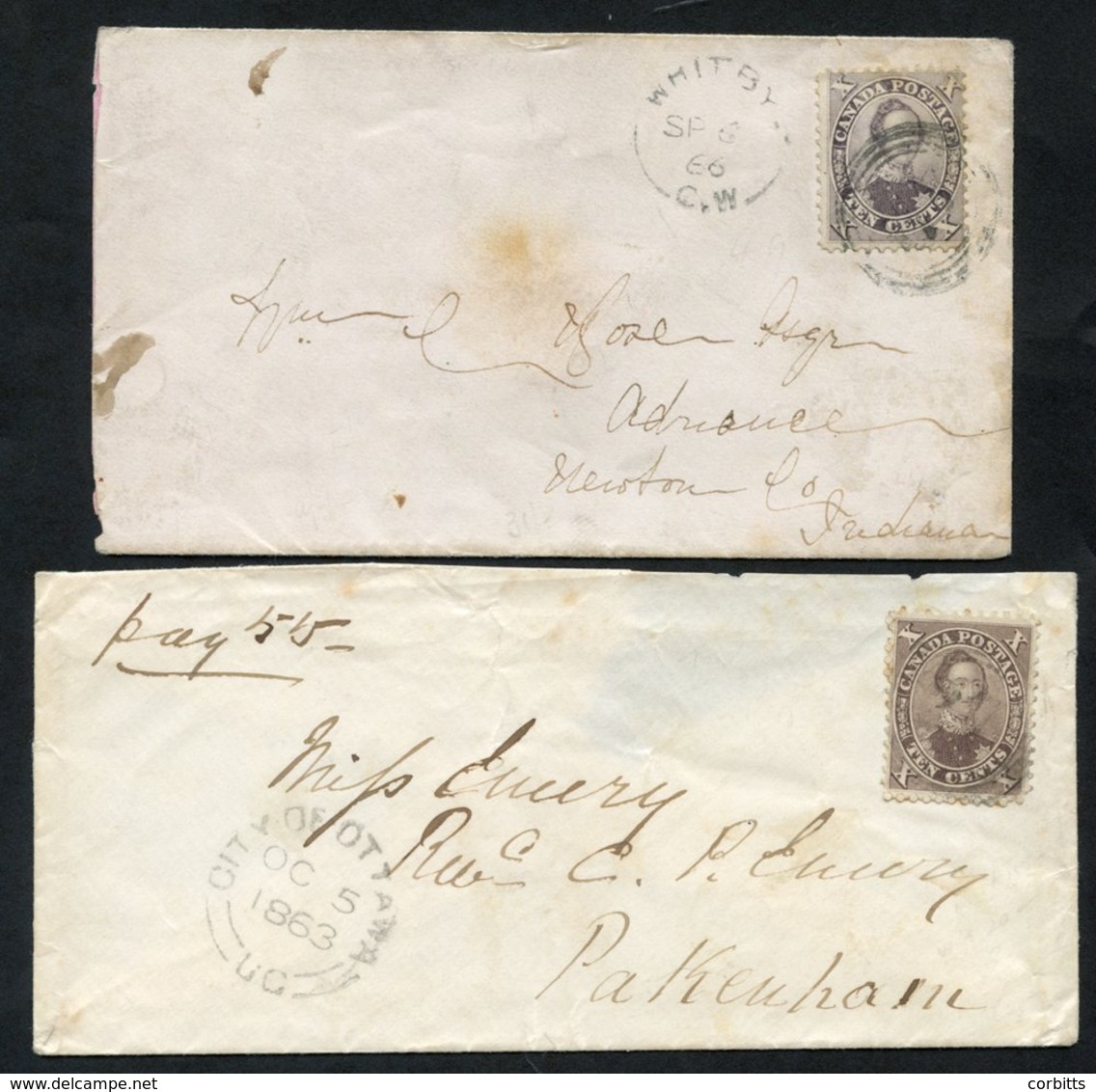 1863 & 1866 Covers (2) With 10c Stamps, The 1863 Cover Ottawa (OC 5) To Pakenham Is A Double Rate Cover, And An 1866 Whi - Sonstige & Ohne Zuordnung