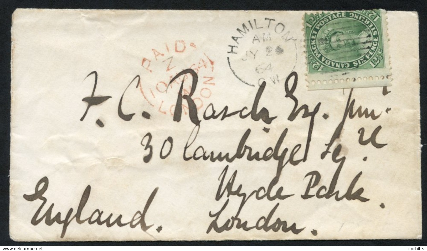 1864 Cover To London With A 12½c Tied By A Hamilton JY 26 Duplex Canceller. Paid London 10 AU Arrival Cancel Is On The C - Sonstige & Ohne Zuordnung