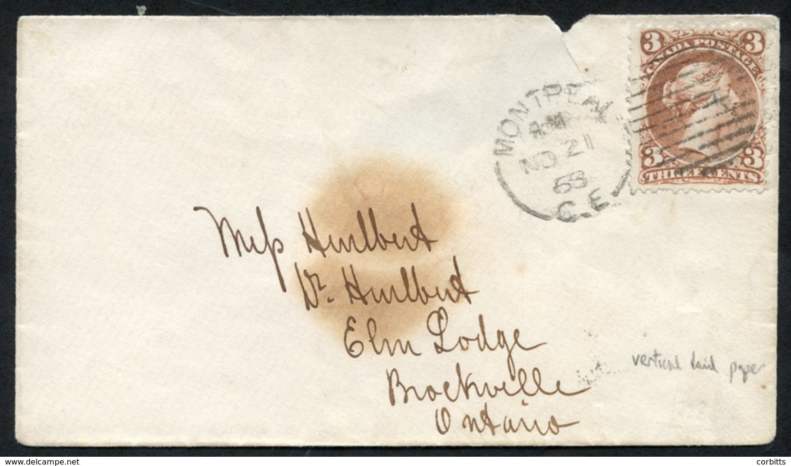 1868 Cover From Montreal To Brockville With A 3d (brown Shade) On Laid Paper (SG.58a) Tied By A Montreal NO.21.68 Duplex - Sonstige & Ohne Zuordnung