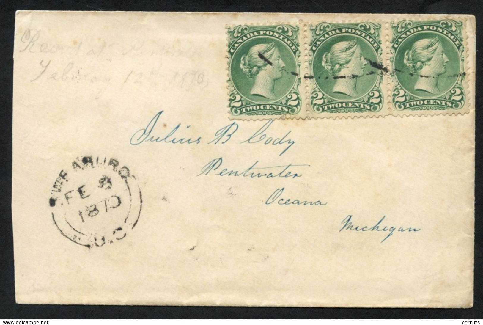 1870 Cover To Oceana, Michigan With A Strip Of Three Large Queen's 2c, Indistinctly Cancelled Sweaburg FE.8.1870 Cancel  - Sonstige & Ohne Zuordnung