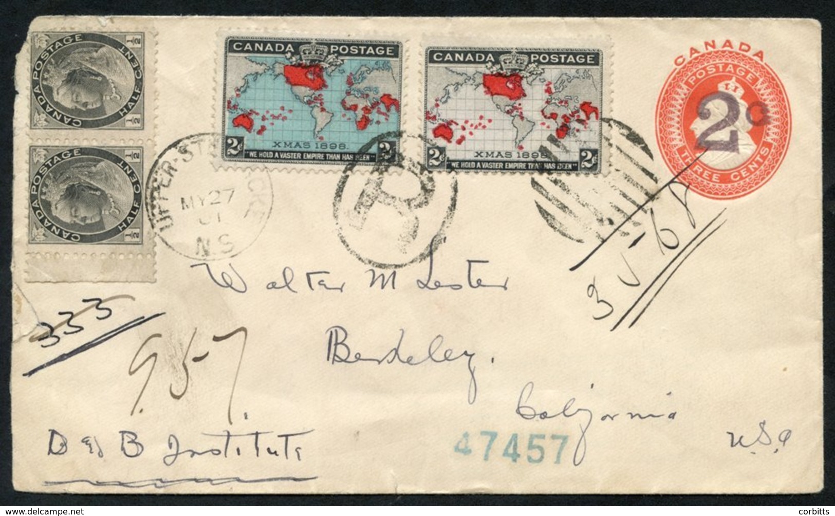 1901 2c Envelope Sent Registered To California With ½c (2) & 2c (2) Imperial 1d Postage, Upper Stewacke MY 27 & Barred C - Sonstige & Ohne Zuordnung