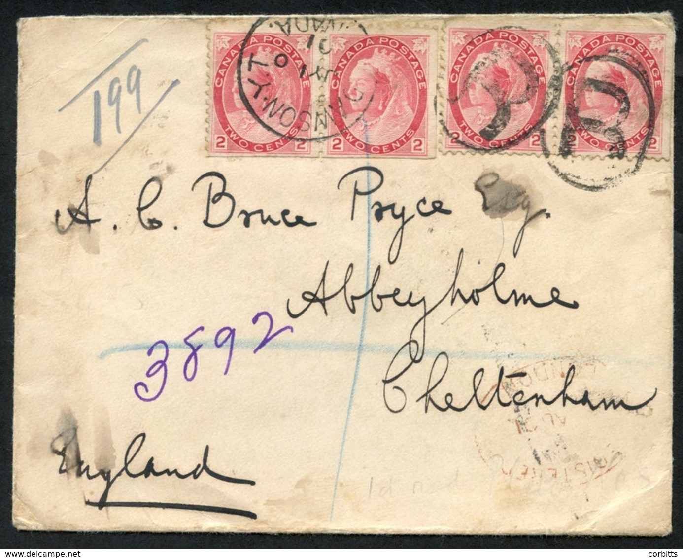 1901 Yukon Territory Registered Cover To Cheltenham, England, With Four Booklet Pane 2c, Cancelled Dawson Y.T JY.10.01 A - Other & Unclassified
