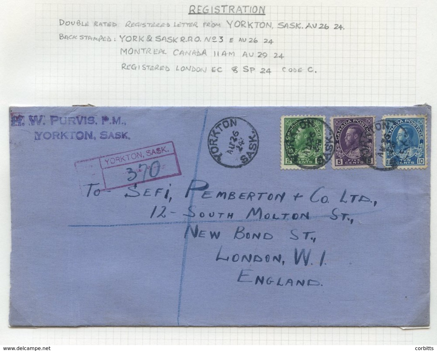 1915-25 Registered Covers (4), 3 To England, 7c Rate From Aurora With Very Fancy Registration H/stamp, And Two At The 17 - Autres & Non Classés
