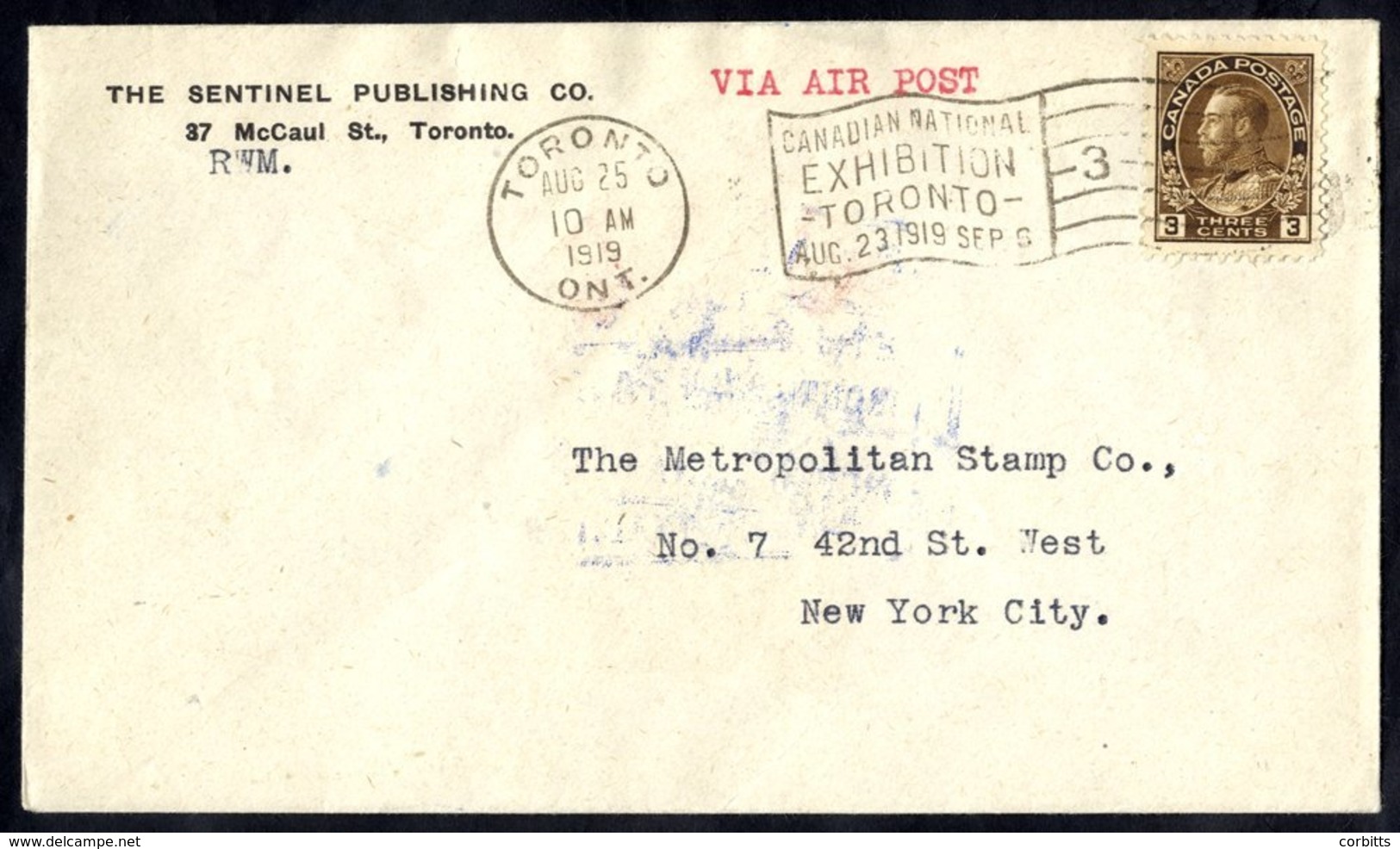 1919 Aero Club Of Canada Air Race Flight Cover, Toronto - New York Reverse Bears Vignette (CLP3) Tied To Reverse By Blue - Sonstige & Ohne Zuordnung