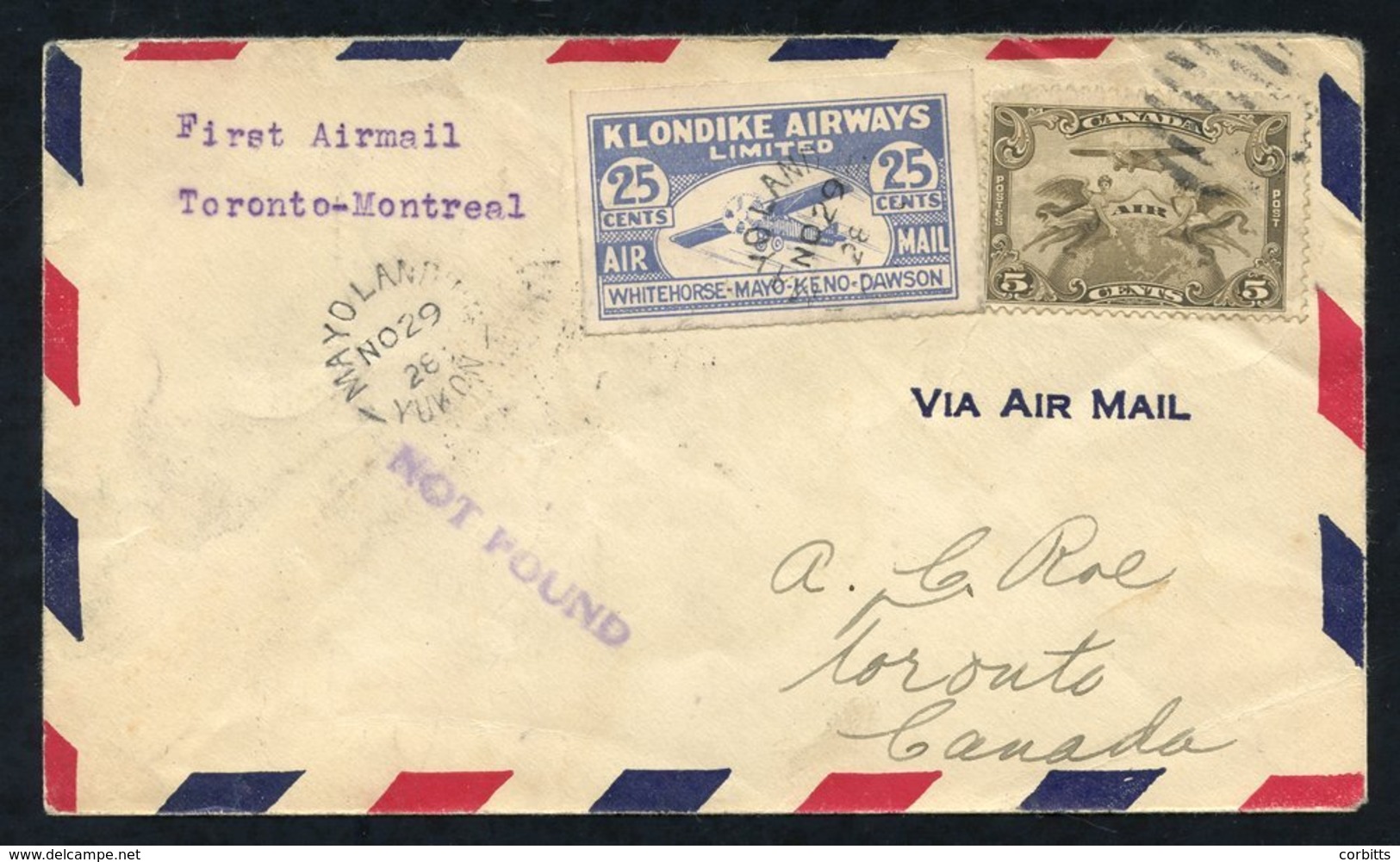 1928 Airmail Cover With 5c Air & 25c Klondike Airways Stamp (CL45), Cancelled Mayo Landing NOV.29.28. Uncommon On Cover. - Sonstige & Ohne Zuordnung