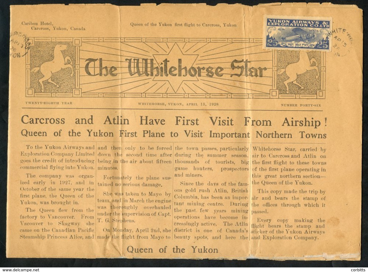 1928 The Whitehorse Star Newspaper With A Yukon Airways 25c Stamp Tied By A WHITE-HORSE AP.13.28 D/stamp. Uncommon. - Sonstige & Ohne Zuordnung