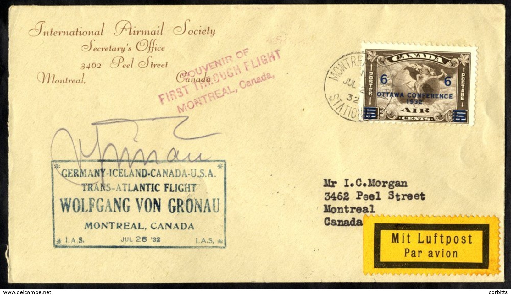 1932 July 29th Von Gronau First Flight Cover Montreal - Chicago With Blue Cachet & Signed Von Gronau. Rare. - Sonstige & Ohne Zuordnung