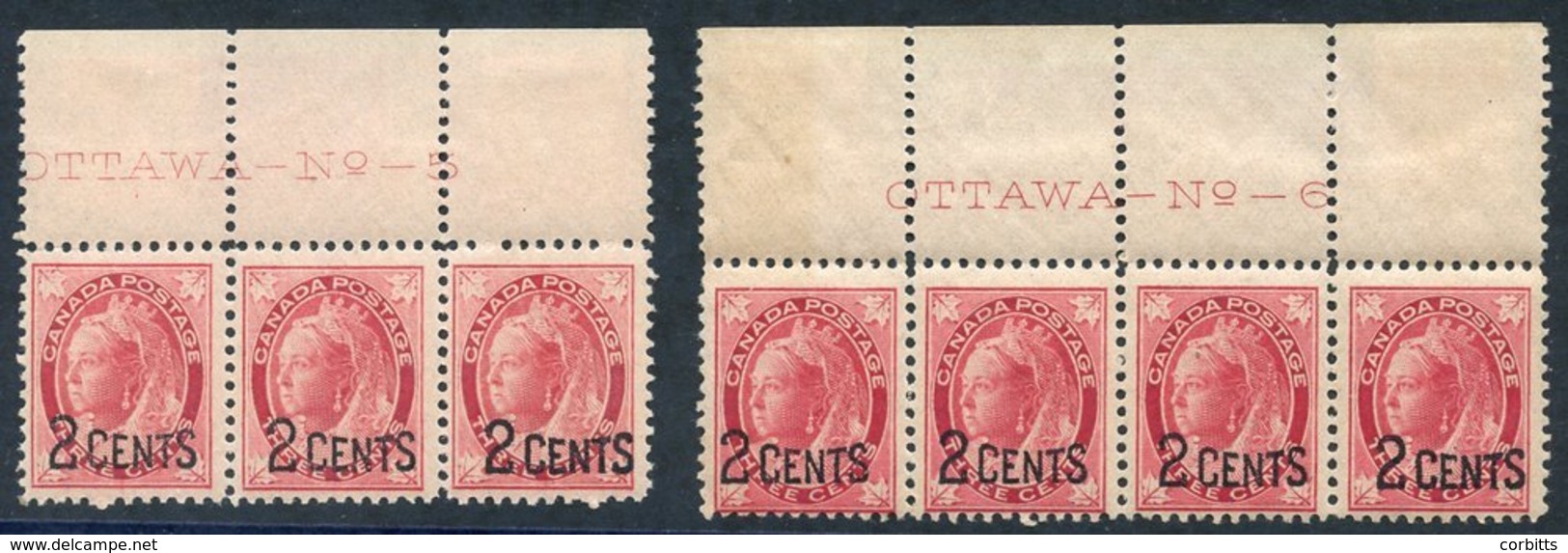 1899 2c On 3c Carmine Top Marginal Strip Of Three From Pl. 5, Accompanied By Top Marginal Strip Of Four From Pl. 6, Both - Autres & Non Classés