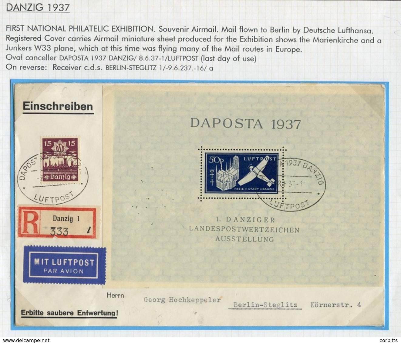 1937 National Philatelic Exhibition 'DAPOSTA' 50pf Airmail Souvenir Sheet On An Airmail Registered Cover Together With 1 - Autres & Non Classés