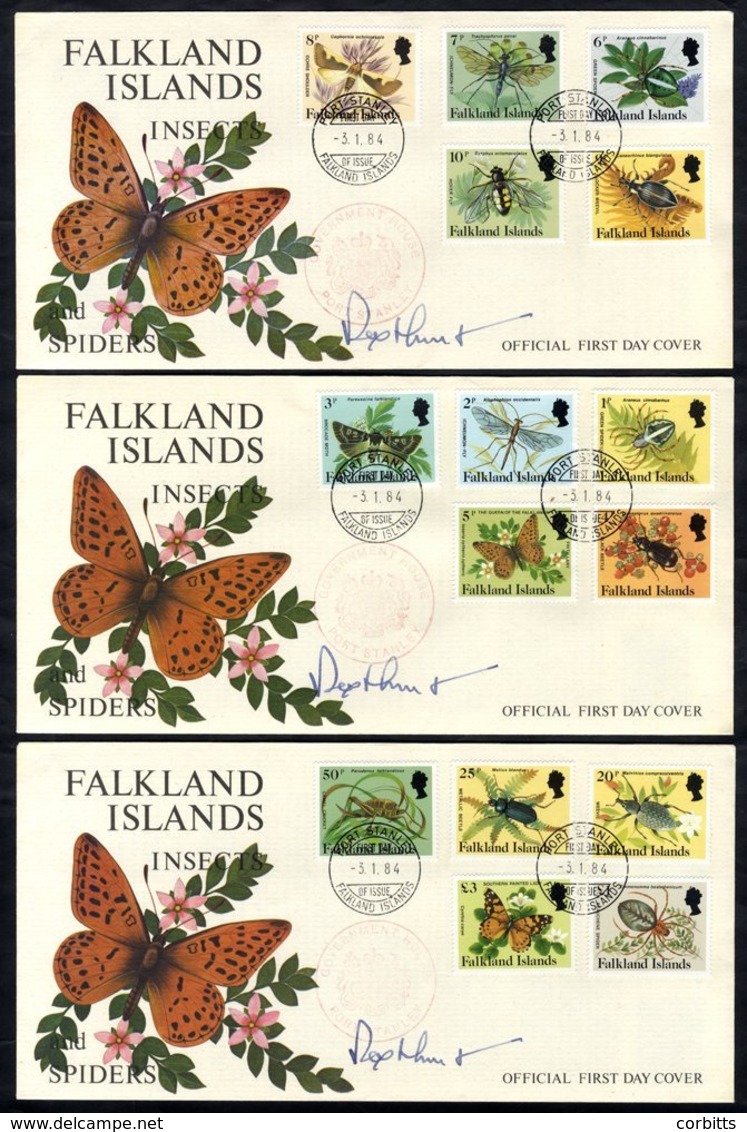 1984 Insects & Spiders Defin Set, Complete On Three FDC's, Each Signed By Rex Hunt (Governor Of The F.I) - Autres & Non Classés