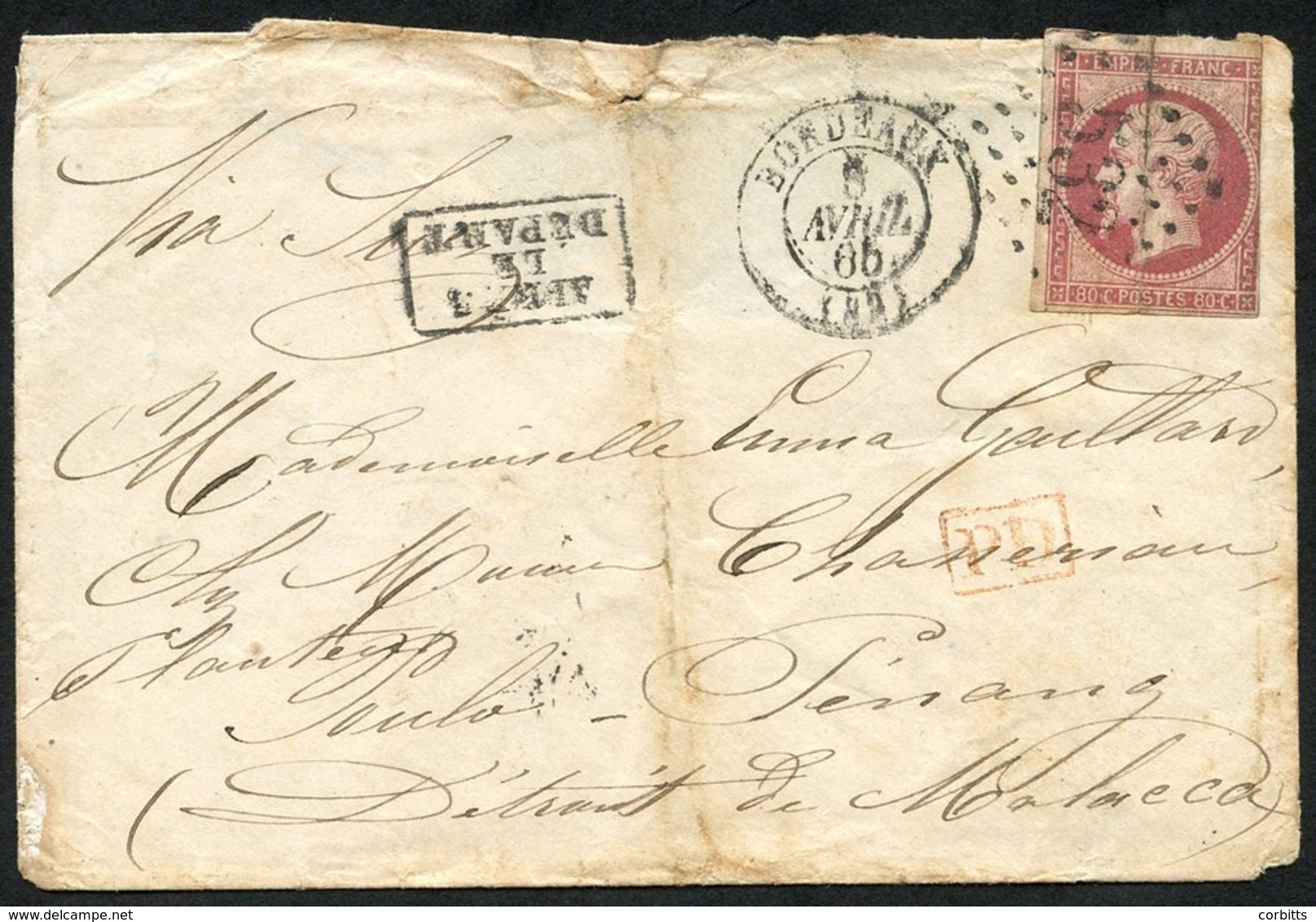 1865 Envelope Addressed To Poulo - Penang, Malacca,, Bearing French Napoleon 80c Rose (Yv17b), Tied '532' In Dotted Loze - Autres & Non Classés