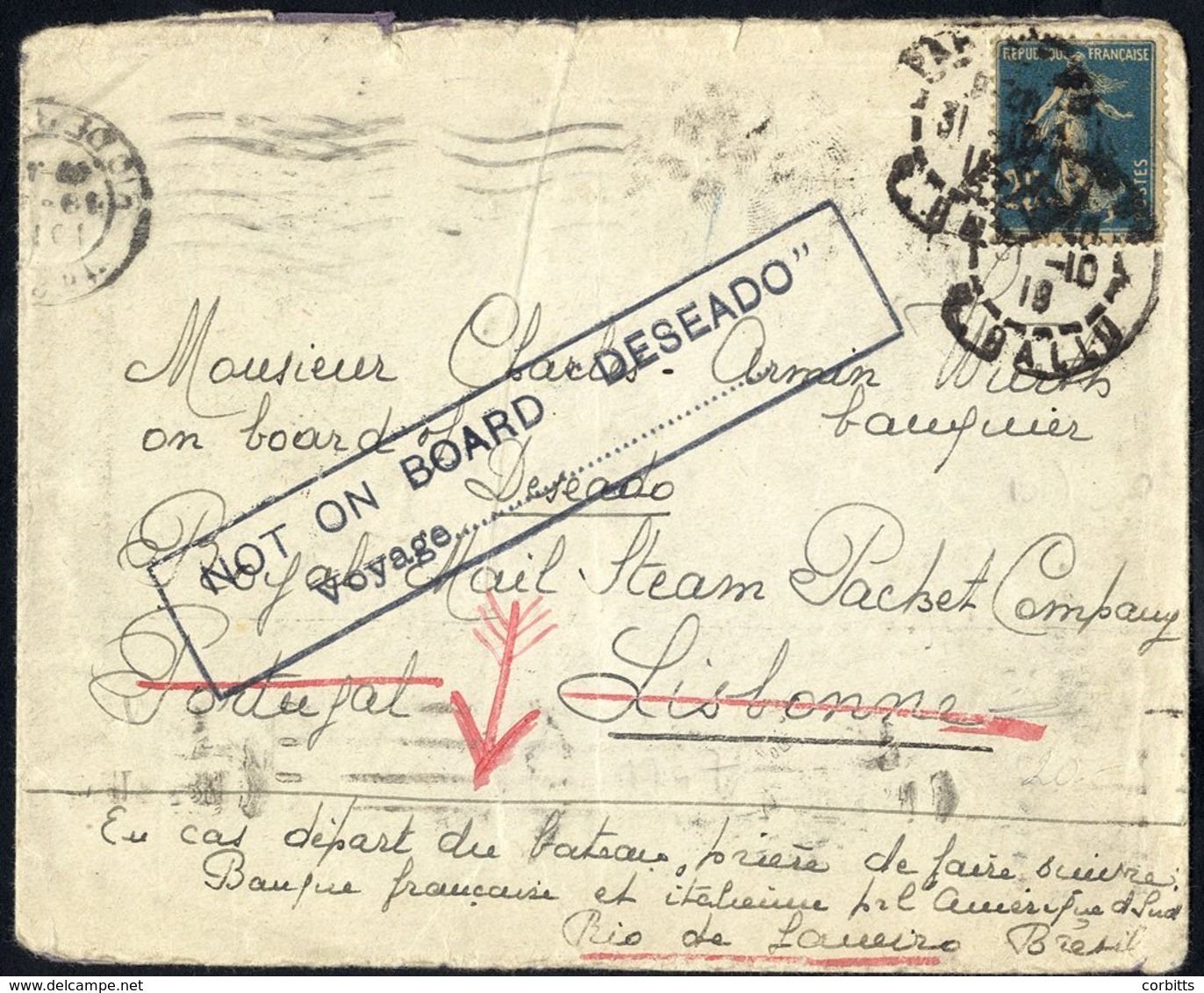 1918 Envelope Franked 25c 'Sower' Cancelled Paris, To A Banker On Board A Ship Due At Lisbon, Bears Large Cachet 'NOT ON - Autres & Non Classés