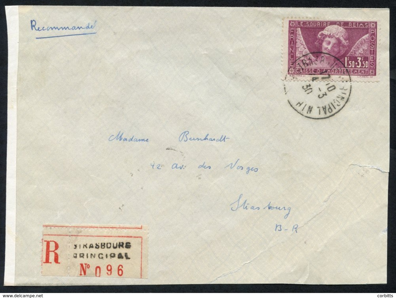 1930 Local Strasbourg Registered Envelope, Franked 1fr.50 + 3fr.50c 'Le Sourire De Reims' (SG.480), Cancelled C.d.s. Env - Autres & Non Classés