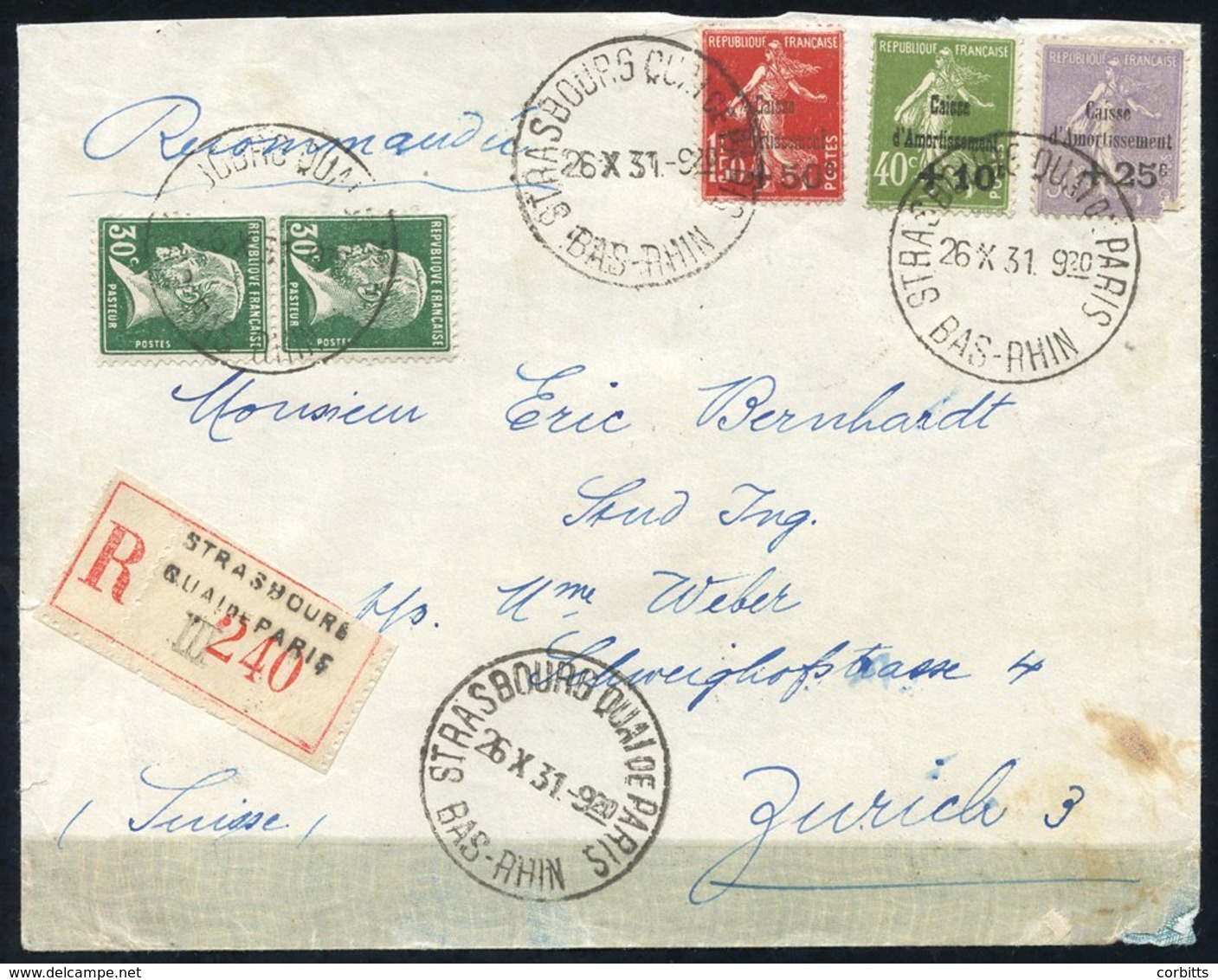 1931 Registered Envelope To Zurich, Franked Pair 30c Pasteur + Sinking Fund Surcharge Set, Cancelled Strasbourg Quai Di  - Autres & Non Classés