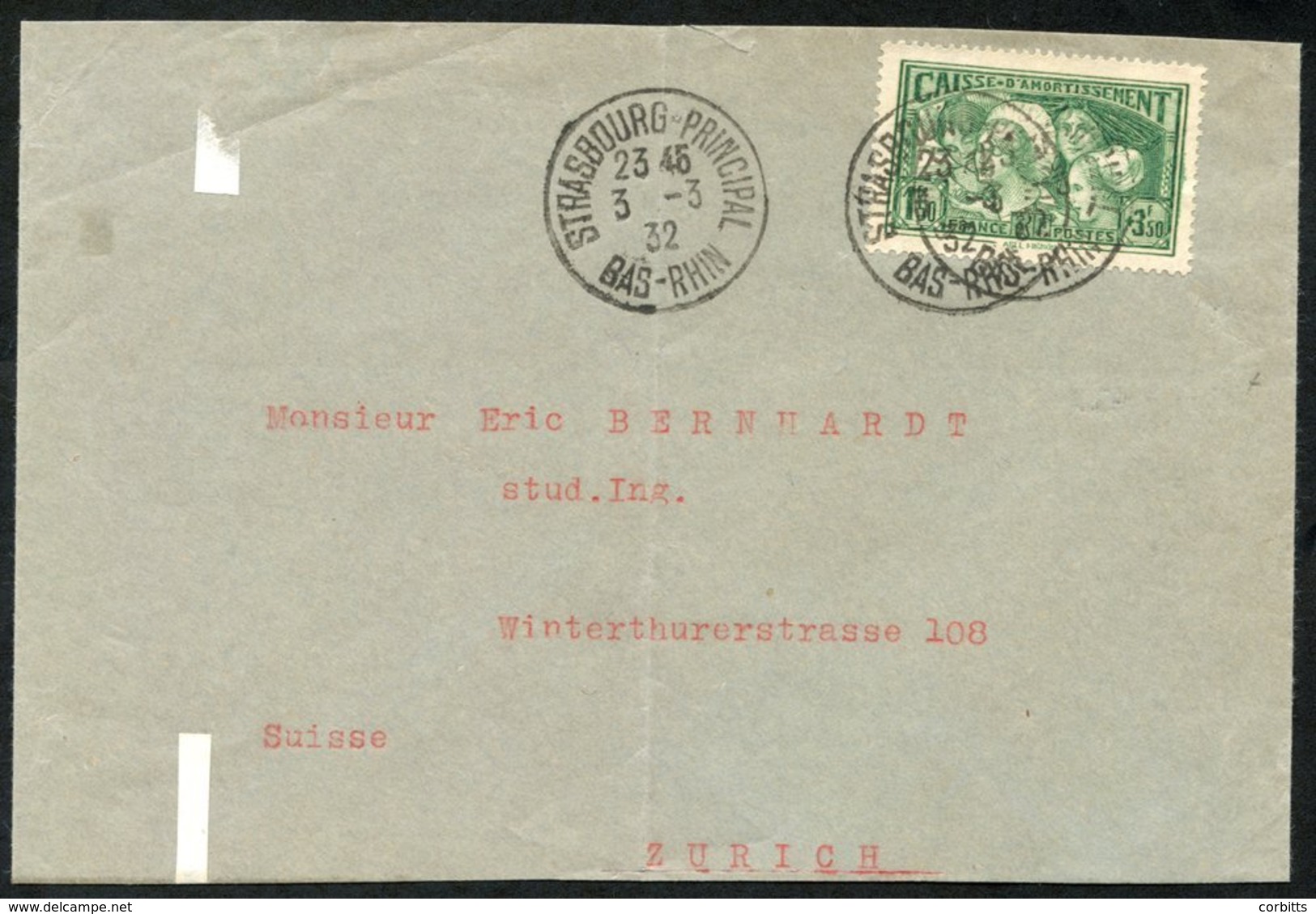 1932 Envelope To Zurich, Franked 1fr.50c + 3fr.50c 'French Provinces' (SG.493), Tied Strasbourg Principal C.d.s. Fine. ( - Autres & Non Classés