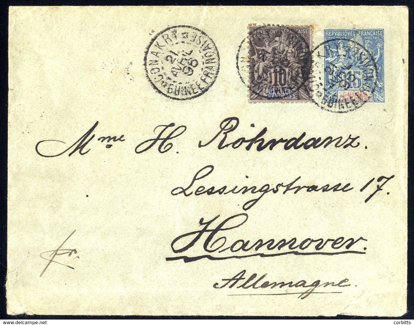 GUINEE 1896 Postal Stationery Env 15c Blue Upgraded With 10c Black/lilac (Yv5), Tied By Conakry Guinee Francaise Double  - Sonstige & Ohne Zuordnung