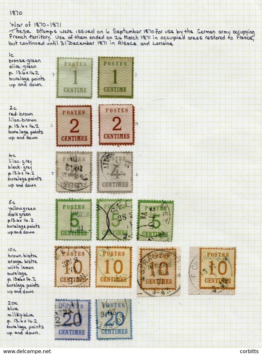 ALSACE 1870 M & U Selection To 25c On Leaves Incl. A Sheet Of Various Cancels And Another Bearing Reprints & Forgeries.  - Autres & Non Classés