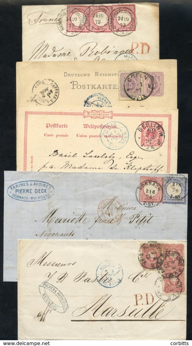 1874-91 Small Selection Of EL's & Cards To France, Franked 1gr + 2gr Or Three 1gr Large Shield; 1873 30pf  Also 5pf + 5p - Autres & Non Classés