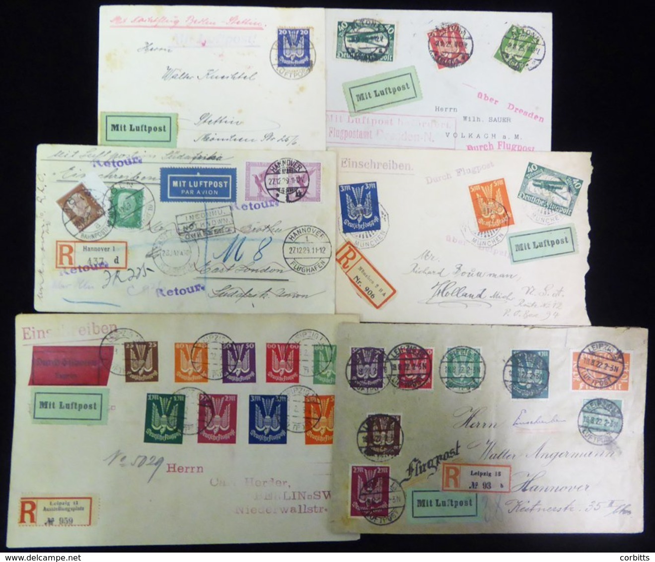 1922 Airmail Covers (6), Fine With 1922 Air Frankings Incl. Reg Leipzig To Berlin, Franked 25pf To 5m (9 Vals). - Autres & Non Classés