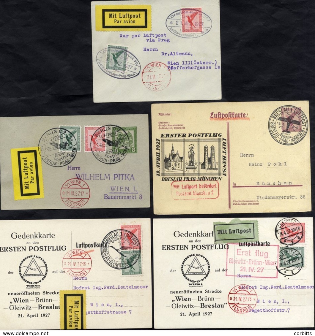 1927 March 21st Lufthansa/Olag First Flight Berlin - Vienna Austrian Feldpost Card With German 5pf & 10pf Air Stamps Add - Autres & Non Classés