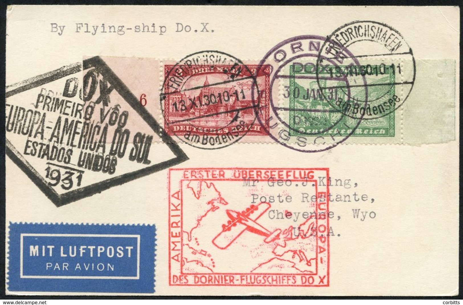 1931 Do-X Dornier Cover From Europe To Cheyenne, WY, USA, Franked Germany 1m Rheinstein & 3m Marienburg Adhesives, Tied  - Sonstige & Ohne Zuordnung