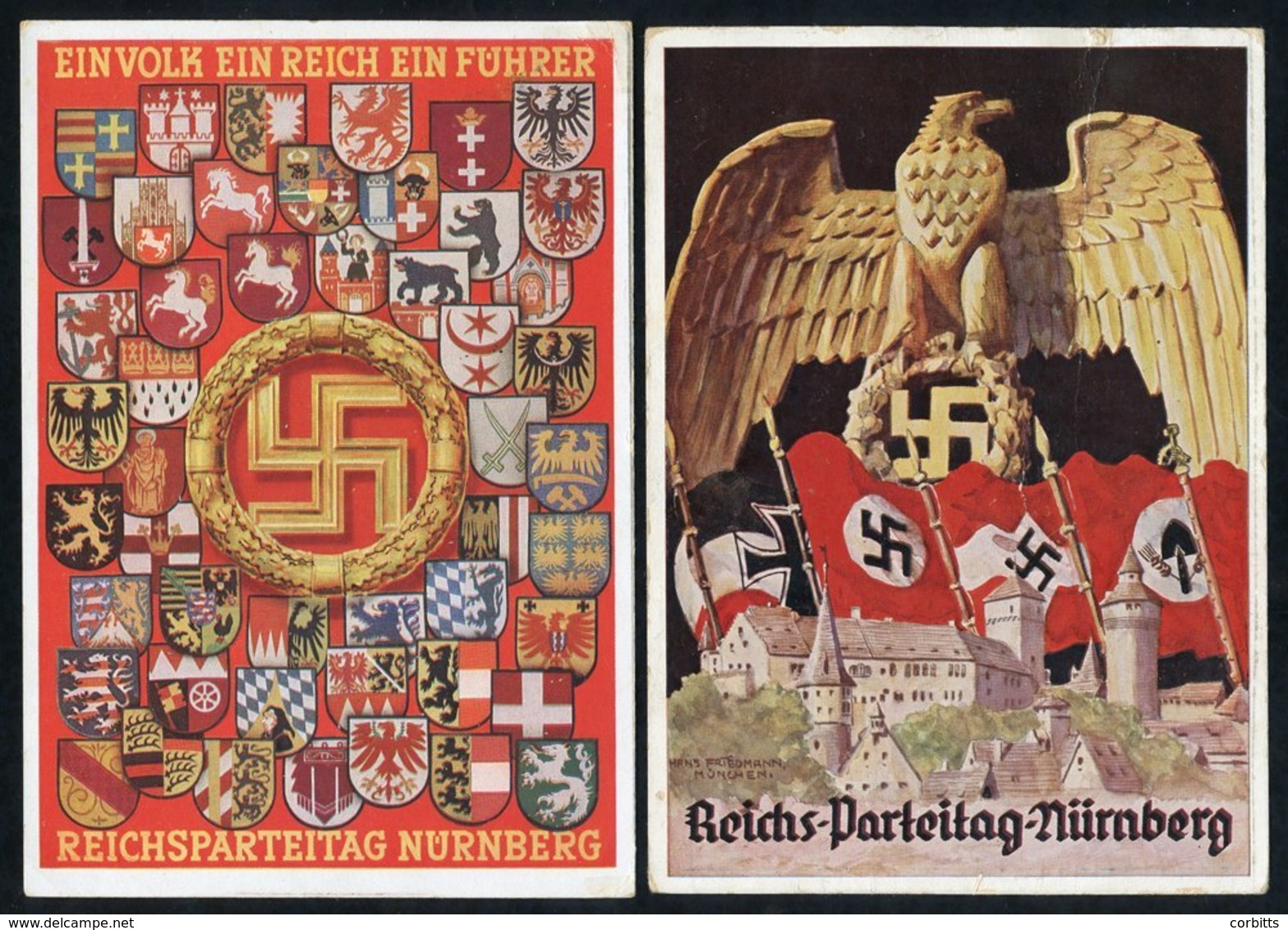 1935 & 1938 Two Colourful Reich Party Rally, Nurnberg Cards By Hoffman, Used With Rally Slogan Cancels, Another Card For - Autres & Non Classés