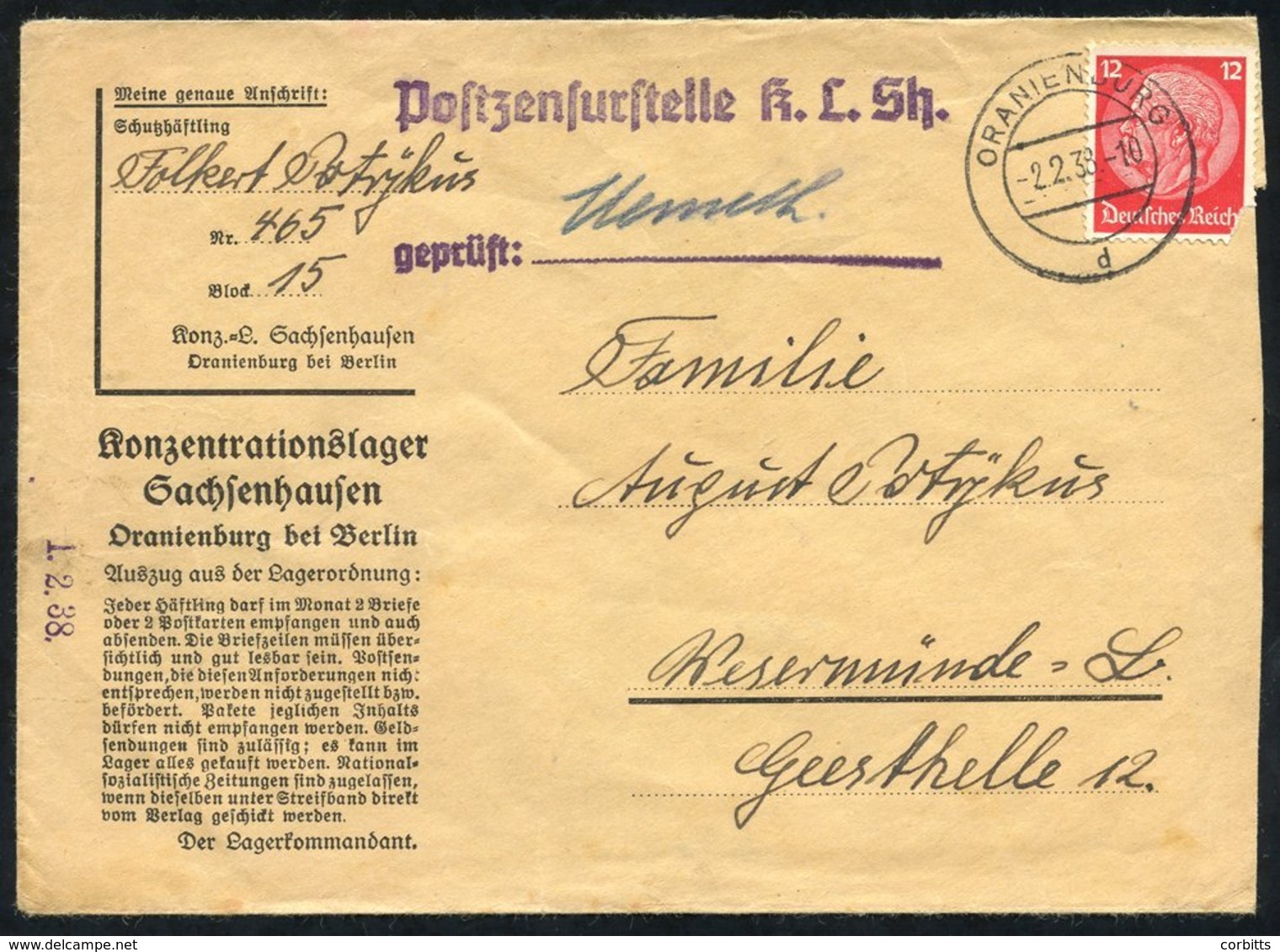 1938 Printed Envelope From Oranienburg Concentration Camp To Wesermunde, Franked 12pf Hindenburg, Damaged Corner, Tied O - Autres & Non Classés