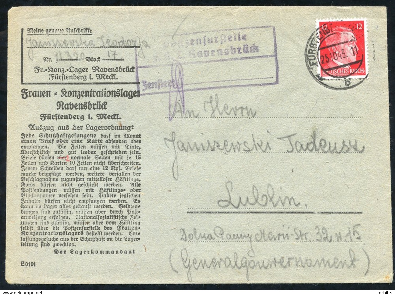 1943 Ravensbruck Official Printed Camp Envelope (left Side Back Flap Missing) Sent To Lublin, Franked 12pf Hitler Head,  - Autres & Non Classés