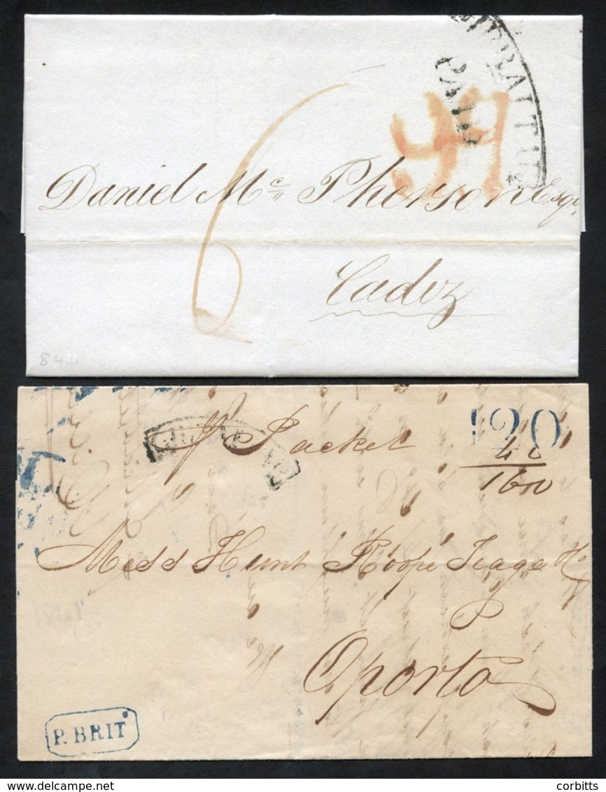 1841 Two Folded Letters, The One To Oporto With A Curved 'GIBRALTAR' In Black, Surcharged 20 Escudos In Lisbon, The Seco - Autres & Non Classés
