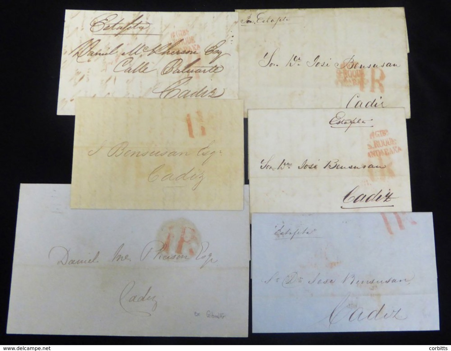 1847-52 6 Letters To Cadiz, Three With 'DE GIBR/S. ROQUE/ANDA. BAXA' And 1r H/stamps, Three With Just 1r H/stamp. - Sonstige & Ohne Zuordnung