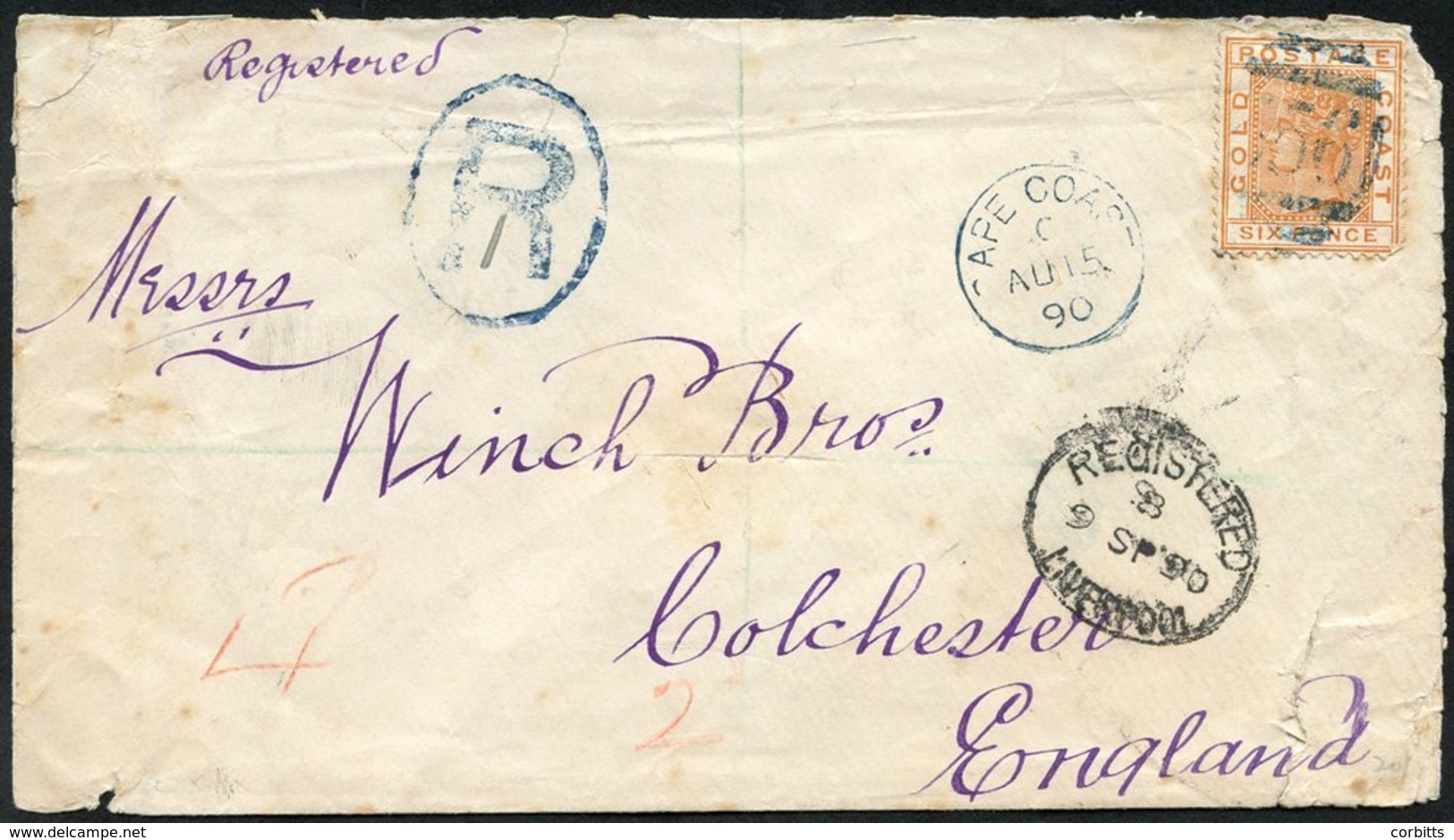 1890 (15 Aug) Winch Bros' Envelope (small Faults) Reg To Colchester, Bearing 1876-84 6d Orange, Cancelled '556' In Blue  - Sonstige & Ohne Zuordnung